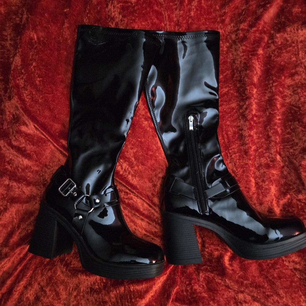 Black Knee-High Pvc Boots - Size 9